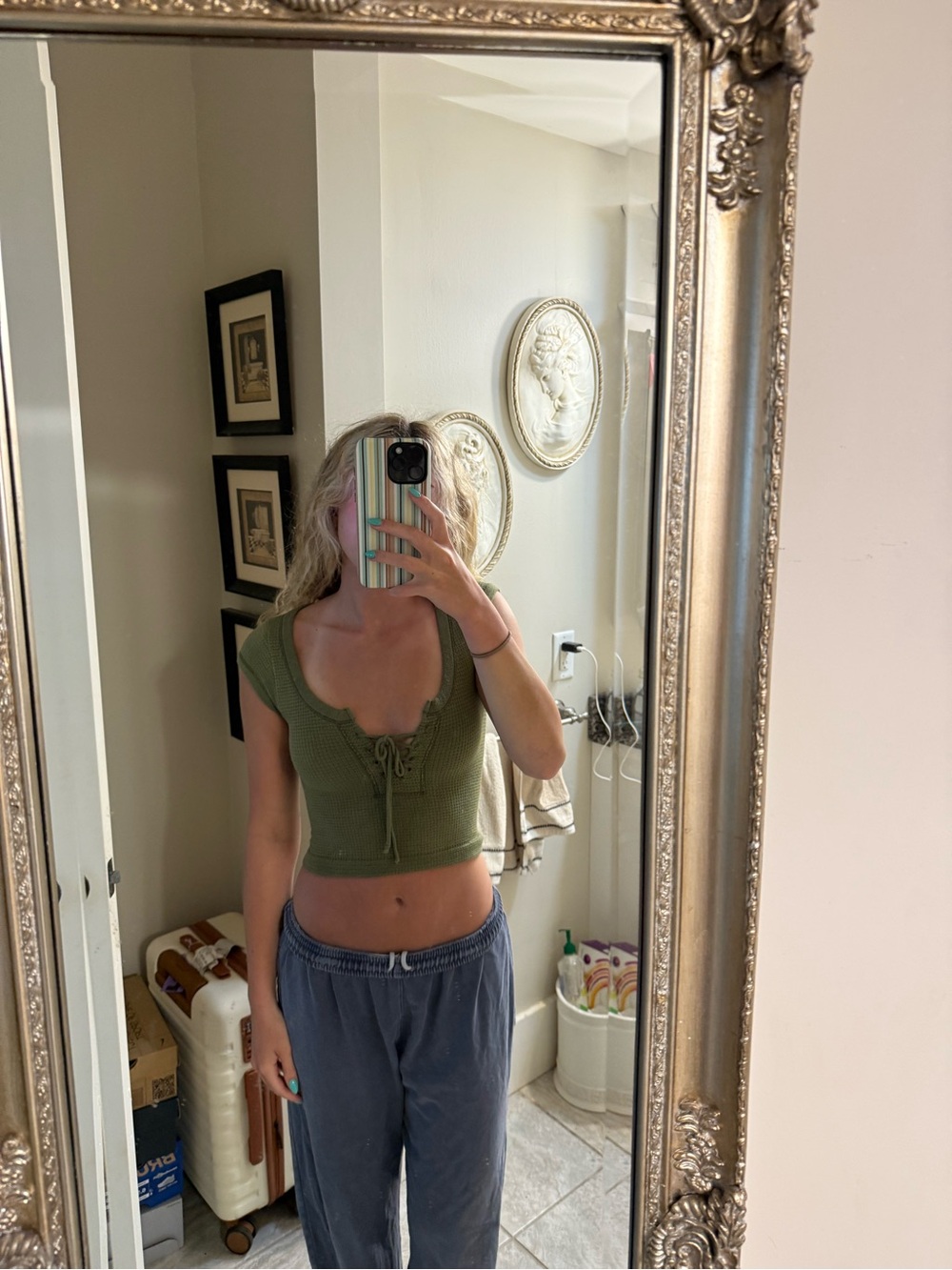 Urban Outfitters Olive Lace-Up Ribbed Crop Top